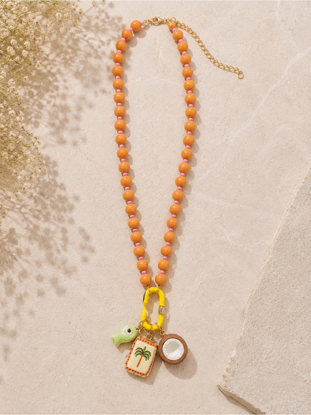 Handmade Tropical Charm Necklace with Orange & Pink Beads